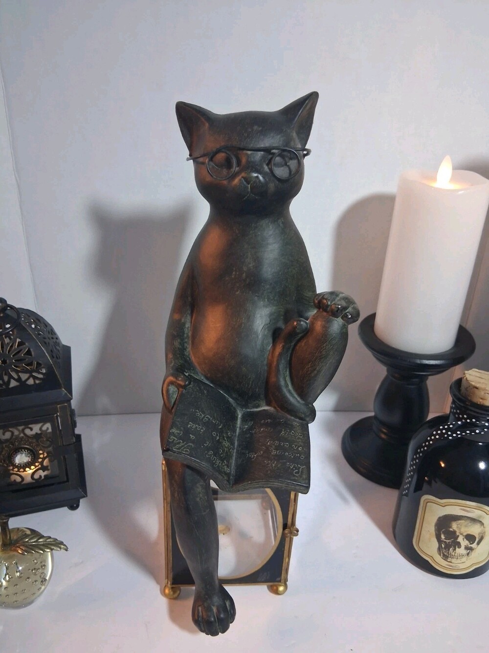 NEW! HD Designs Reading Cat Figure w/Glasses Statue Book Lover;Black MATTE ;NWT!